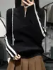 2025 Nuevo Jersey de Punto de Lana Pura Suave y Sedoso para Mujer, Cuello Medio Alto de Color Contrastante, Media Cremallera, Holgado, Elegante, Sencillo