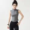 Chaleco deportivo sin mangas con cremallera y cuello alto para mujer, chaleco corto 3D entallado a la cintura, capa exterior ajustada para fitness, yoga, top sin mangas