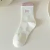 [Bordado] Meias Femininas de Cano Médio, Algodão Puro, Primavera e Outono, Antiodor, Absorventes de Suor, Respiráveis, Meias Esportivas Longas