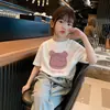 Camiseta de Algodão Puro de Manga Curta para Meninas, Novo Estilo de Verão, Estampa de Desenho Animado, Manga Meia-Manga, Moda Casual Solta para Estudante Bebê
