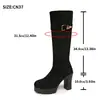 Botas de moda adelgazantes de gamuza transfronterizas de tacón alto, nueva colección otoño 2026, tacón grueso, talla grande, con hebilla de cinturón, botas largas retro para mujer