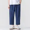 Pantalones Casuales Sueltos de Lino de Imitación Finos de Verano Talla Grande Estilo Japonés Pantalones Rectos de Nueve Puntos Retro Tendencia para Hombre Estilo Chino