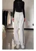 Calça Jeans Branca Feminina Outono Pregueada Cintura Alta Fluida Perna Reta Casual Perna Larga Calça Longa