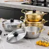 Panela de Ramen de Aço Inoxidável Coreana, Panela de Sopa Martelada Coreana com Tampa, Panela Dourada para Macarrão Instantâneo, Macarrão Caracol, Hot Pot Picante