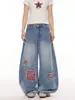 Calça Jeans Transfronteiriça Feminina Streetwear Americano Indústria Pesada Patchwork Splicing Calça Lavada Retrô Perna Larga Caimento Casual Tendência