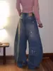 Estilo Americano Otoño e Invierno 2024 Nuevo Retro Azul Tinta Salpicada Hombres Pantalones Vaqueros Rectos Pierna Ancha Ins