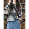Cardigã de tricô azul listrado estilo vintage com mangas compridas para mulheres, novo design para primavera e outono, peça de outer wear estilosa com cores contrastantes