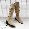 Botas holgadas fruncidas estilo europeo y americano para mujer 2025 Otoño Punta cuadrada Caña alta Gamuza Tacón grueso Hasta la rodilla Tacón medio Sin cordones Botas largas