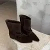 Botas de Piel de Cordero Estilo Retro Francés con Tacón Oculto Apilado para Mujer, Elegantes, de Punta Fina, Estilo Vaquero Occidental, Botas Adelgazantes, Botas Cortas