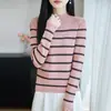 Novo suéter de malha listrado color-block com gola redonda e meia-altura para mulheres, gola redonda, mangas compridas, corte solto, versátil, modelador, algodão puro, top minimalista