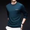 Elegante Camiseta de Manga Larga para Hombre 2024 Primavera y Otoño Nueva Casual de Negocios Cuello Redondo Estampada Tendencia Versátil