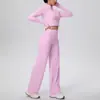 Chaqueta Deportiva Europea y Americana de Cremallera Delgada de Cruce de Fronteras Pantalones de Yoga de Pierna Ancha de Cintura Alta Transpirables Color Nude Traje de Yoga Fitness