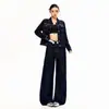 Conjunto de mezclilla para mujer con mangas largas, solapa de encaje, chaqueta de mezclilla de lyocell azul holgada y pantalones de mezclilla azul con etiquetas