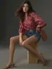 Camisa Floral Bohemia Popular Europea y Americana de Siete Mangas para Mujer, Cuello Mao Pequeño, Mangas Abullonadas Sueltas, Top Casual Ligero