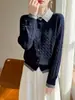 Cardigan de Tricô Gola Polo Lã Fina Outono/Inverno 2026 Manga Longa Feminino Cor Twist Color Block Falso Duas Peças