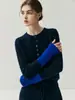 Cardigan de Cashmere Estilo Outono e Inverno de Luxo Leve com Gola Redonda, Elegante e Versátil, Punhos Coloridos, Casaco Suéter Tricotado para Mulheres