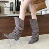 Outono/Inverno 2026 Novo Estilo Bico Fino Salto Bloco Salto Alto Elegante Moda Francesa Camurça Botas Longas e Botas Túnica