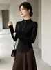 Camiseta térmica para mujer de otoño e invierno con cuello alto y media cremallera, terciopelo cepillado de doble cara, manga larga, estilo coreano, corte ajustado, capa interior adelgazante y cálida