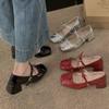 Zapatos Planos Plateados Estilo Hada para Mujer con Punta Cuadrada, Boca Baja, Moño, Tacón de Grosor Medio, Zapatos Mary Jane Franceses Estilo Nuevo 2025