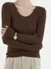 Shimadzu 18 puntadas, 60 piezas Suéter de punto delicado y suave 100% lana con cuello en U y manga larga para mujer, corte ajustado y favorecedor