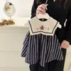 Coreia do Sul 2025 Novo Estilo Retrô Ocidental terno Bordado Listrado Meninas Verão Sem Mangas vestido Usar Fino Tendência