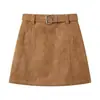 Elegante falda de gamuza color café para mujer, otoño/invierno, de cintura alta, falda corta acampanada adelgazante, A8053-1
