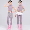 Traje de danza jazz para niñas, top morado de alta gama con un pequeño cuello alto, conjunto de yoga, body, traje de baile de espectáculo jazz para niñas