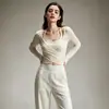 Conjunto de Yoga Adelgazante para Mujer Malla Cubre-todo Camisola Pantalones de Pierna Ancha con Drapado de Cintura Alta Ropa de Abrigo para Entrenamiento Físico Conjunto de Dos Piezas Otoño