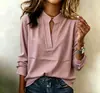 Directo de la fábrica de origen, exclusivamente para ventas transfronterizas: camisa de manga larga para mujer con cuello mao, corte simple y holgado, cuello en V, estilo pullover, estampado de lunares, adecuada para el trabajo y el uso diario