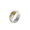 Nova Joia de Prata Estilo Chinês, Anel Banhado a Ouro Prata Pura 990 com Palavras Auspiciosas, Gravado com o Sutra do Coração e o Deus Amarelo da Riqueza, Anel de Banda Larga