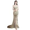 Vestido de Noite de Lantejoulas de Luxo Dourado Indústria Pesada Luxo Leve Alça Única Sereia Noiva Banquete de Noivado Cauda de Peixe Vestido para Brinde