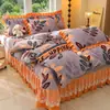 Conjunto de Quatro Peças de Leite Fleece Totalmente Fosco Espessado Outono e Inverno Estilo Colcha Acolchoada de Renda Dupla Camada Retro Conjunto de Fleece