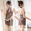 Lingerie Sexy, Cheongsam Feminino Provocante, Tentador Sem Costas Transparente Uniforme Antigo Estampado Renda de Amarrar Minissaia 1675