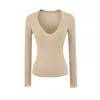 Blusa de Tricô Sexy Cor Sólida Manga Longa Decote em V Profundo Estilo Puro Desejo, Nova Moda Primavera Versátil Slim-Fit Camisa Base para Mulheres