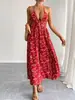 Novo vestido camisola de feriado estilo europeu e americano com estampa floral, decote V profundo, design vazado, cintura com amarração, vestido de comprimento médio que afina