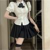 Falda Corta Blanca con Mangas Abullonadas Estilo JK para Mujer Verano Estilo Preppy Sexy Adelgazante Cintura Nuevo Top de Manga Corta