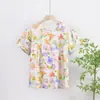 Camiseta Pulôver Solta de Algodão e Seda de Tamanho Grande para o Verão para Mães, Top de Algodão e Seda Estampado de Algodão Artificial de Manga Curta para Mães