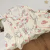 Pijama Estilo Ins para Mulheres na Primavera e Outono, Cardigãs de Manga Longa de Algodão Imitado para Meninas, Conjunto Fofo Soltinho de Roupa para Casa Hello Kitty