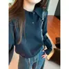 Suéter de malha relaxed estilo coreano com gola polo para mulheres, camisa base casual simples primavera 2025, top interno de corte solto