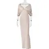 Amazon Cross-Border 2026 Verão Novo Estilo Simples de Luxo Design de Xale Plissado Vestido de Manga Longa Cor Sólida para Mulheres