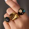 Anillo Abierto Estilo Lujo Ligero Transfronterizo Europeo y Americano con Goteo de Aceite Negro, Conjunto de Anillos Personalizados con Piedra de Ojo de Tigre, Acero Inoxidable Oro 18K