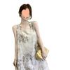 Vestido Colete de Cetim Francês Estampado com Recortes para Mulheres 2025 Verão Novo Design Retrô Chic Saia Longa