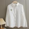 Principios de Otoño Nueva Camisa Blanca de Manga Larga de Hilo de Algodón de Doble Capa Camisa Pequeña Fresca Bordada Exportación de Comercio Exterior Top Literario para Mujer