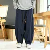 Estação de primavera e outono, calças largas estilo lanterna plus size, calças casuais de linho fluidas, caimento solto, estilo masculino, cor sólida, inspiração chinesa