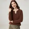 Nuevo Suéter de Cachemir Acanalado Otoño/Invierno 2026 para Mujer, Camiseta de Manga Larga Henley, Estilo Elegante, Holgado y Adelgazante, Suéter Cálido