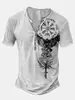 Camiseta Divertida tipo Burlón Talla Grande con Estampado de Runas de Cuervo Vikingo Lavado Retro Cuello Henley Manga Corta