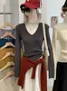 Top de punto KEKEZOON de corte ajustado con cuello en V, capa base versátil de color liso para otoño, elegante camisa de manga larga 9152