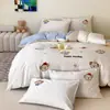 Juego de Cuatro Piezas de Satén de Algodón de Fibra Larga de Alto Hilo, Lujo Ligero, Ropa de Cama de Algodón Puro de Alta Calidad, Tres Fundas de Edredón, Sábana Ajustable 4