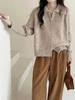 Chaqueta Suéter de Hilo Floral con Cuello Estilo Coreano Estilo Perezoso para Mujer Corta Otoño e Invierno Exterior Multicolor Cremallera Doble Cardigan de Punto