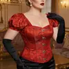Corsé Jacquard Talla Extra Mangas Abullonadas Botones al Frente Espalda con Cordones Moldeador Bustier de Ballenas
